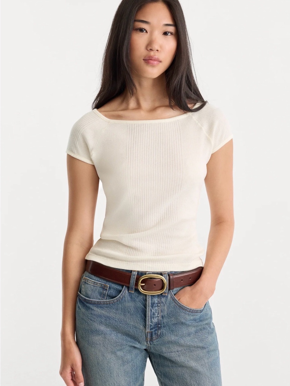 Good American Cream Ribbed Cap-Sleeve Tank